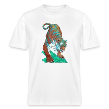 Türkisblauer Tiger auf Felsen -  RELAXED FIT Unisex Organic T-Shirt - Weiß - Vorne - Alina (178cm) & Michal (187cm)