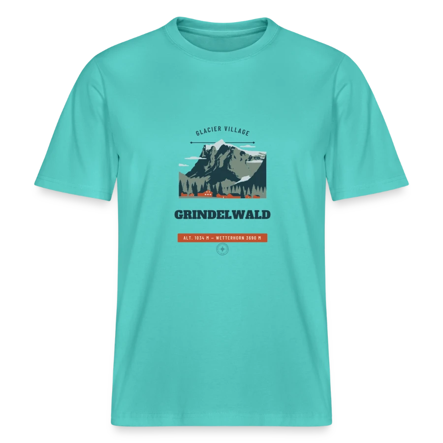 Grindelwald badge on a  relaxed fit unisex organic t-shirt, pool blue, front