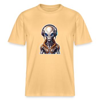 Kopfhörer / Audio / Musik / Alien / All / cool -  RELAXED FIT Unisex Organic T-Shirt - Hellgelb - Vorne - Alina (178cm) & Michal (187cm)