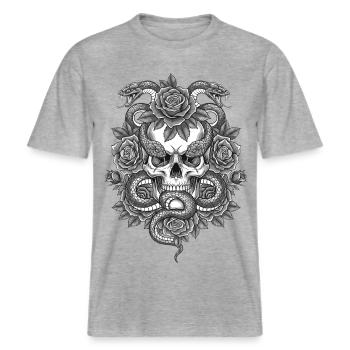 Tête de mort skull vintage original fleurs serpent -  T-shirt unisexe RELAXED FIT en coton bio - gris chiné - Devant - Alina (178cm) & Michal (187cm)