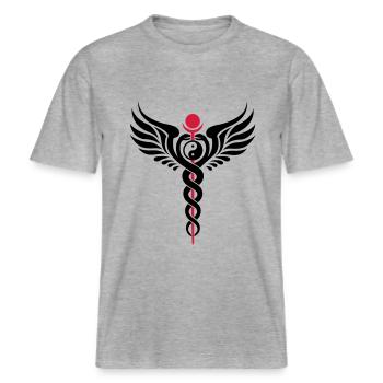 Caduceus, Yin Yang, Winged Serpent, Hermetic -  RELAXED FIT Unisex Organic T-Shirt - heather grey - Front - Alina (178cm) & Michal (187cm)