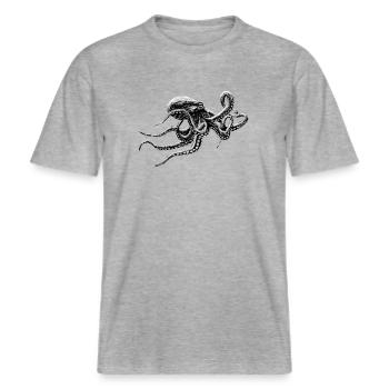 OCTOPUS PAINTING T-SHIRT, WEISS AUF SCHWARZEM OKTOPUS -  RELAXED FIT Unisex Organic T-Shirt - Grau meliert - Vorne - Alina (178cm) & Michal (187cm)