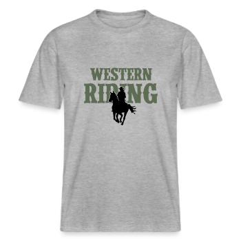 Femme d’équitation western -  T-shirt unisexe RELAXED FIT en coton bio - gris chiné - Devant - Alina (178cm) & Michal (187cm)