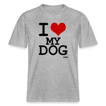 I love my dog - couleurs personnalisables -  T-shirt unisexe RELAXED FIT en coton bio - gris chiné - Devant - Alina (178cm) & Michal (187cm)