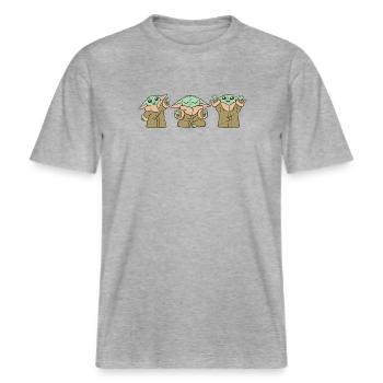 Star Wars: Mandalorian Baby Yoda Posen -  RELAXED FIT Unisex Organic T-Shirt - Grau meliert - Vorne - Alina (178cm) & Michal (187cm)