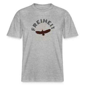 Adler mit Sonnenstrahlen-Hintergrund -  RELAXED FIT Unisex Organic T-Shirt - Grau meliert - Vorne - Alina (178cm) & Michal (187cm)