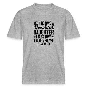 Ja, jeg har en smuk datter pistolskovl alib -  Økologisk unisex T-shirt RELAXED FIT - grå meleret - Foran - Alina (178cm) & Michal (187cm)