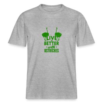 Strauß Vogeltier Zoo Urlaub Sonne -  RELAXED FIT Unisex Organic T-Shirt - Grau meliert - Vorne - Alina (178cm) & Michal (187cm)