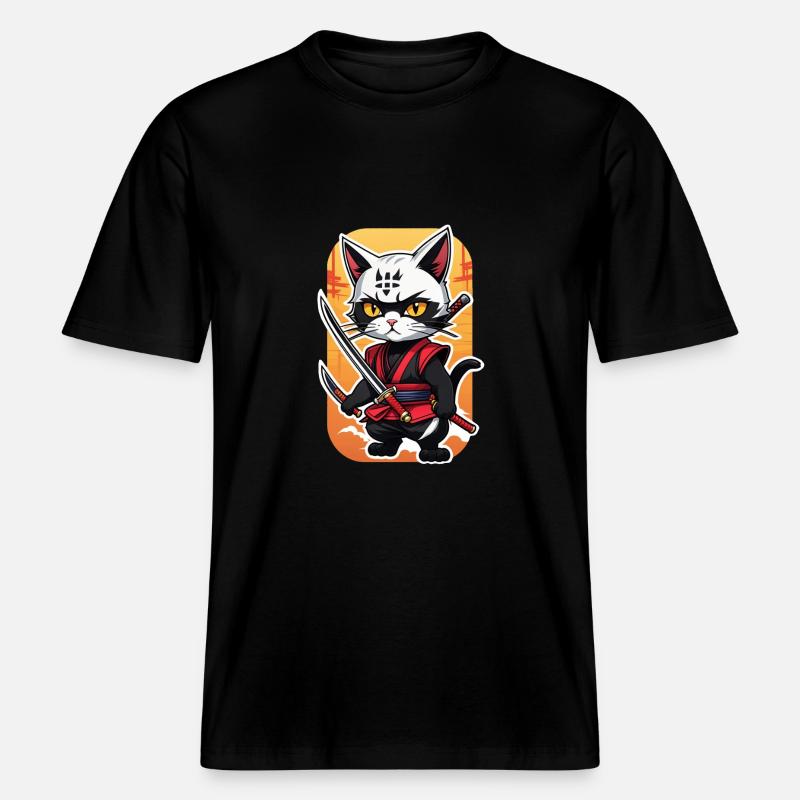 Ninja Cat - Samurai Kitten -  RELAXED FIT Unisex Organic T-Shirt - black