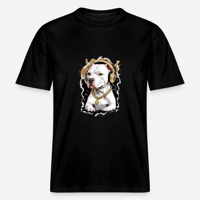 Chien bouledogue avec écouteurs -  T-shirt unisexe RELAXED FIT en coton bio - noir