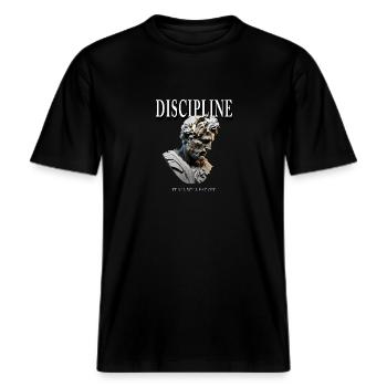 Disziplin Griechische Statue – It All Will Pay Off -  RELAXED FIT Unisex Organic T-Shirt - Schwarz - Vorne - Alina (178cm) & Michal (187cm)