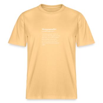 Morning Muffle Funny German Idiom -  RELAXED FIT Unisex Organic T-Shirt - washed yellow - Front - Alina (178cm) & Michal (187cm)