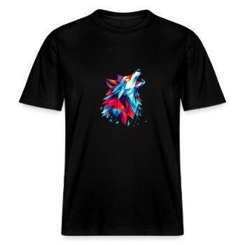 Geometric Wolf: Bunter Origami-Kunstdruck -  RELAXED FIT Unisex Organic T-Shirt - Schwarz - Vorne - Alina (178cm) & Michal (187cm)