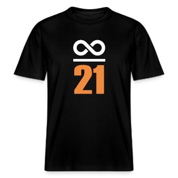 Unendlich durch 21 Millionen Bitcoin -  RELAXED FIT Unisex Organic T-Shirt - Schwarz - Vorne - Alina (178cm) & Michal (187cm)