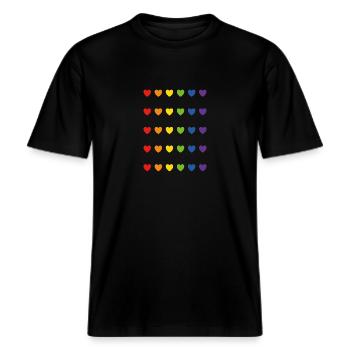 Regenbogen-Pride-Herzen -  RELAXED FIT Unisex Organic T-Shirt - Schwarz - Vorne - Alina (178cm) & Michal (187cm)