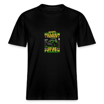 Echte Helden Fahren Gelbe Felgen -  RELAXED FIT Unisex Organic T-Shirt - Schwarz - Vorne - Alina (178cm) & Michal (187cm)