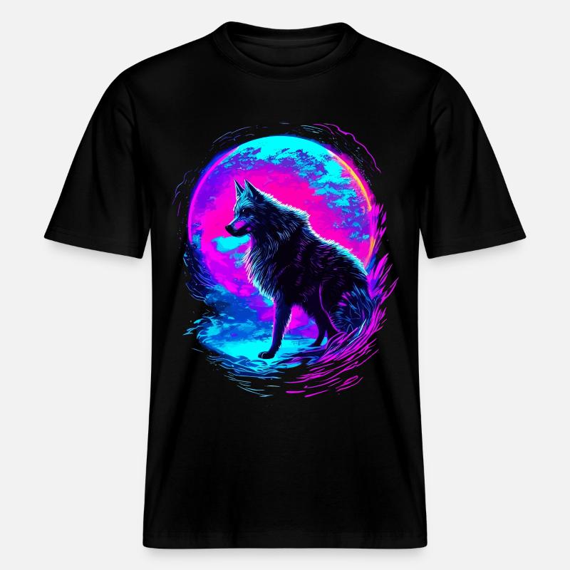 Wolf Neon Moon Synthwave -  T-shirt unisexe RELAXED FIT en coton bio - noir