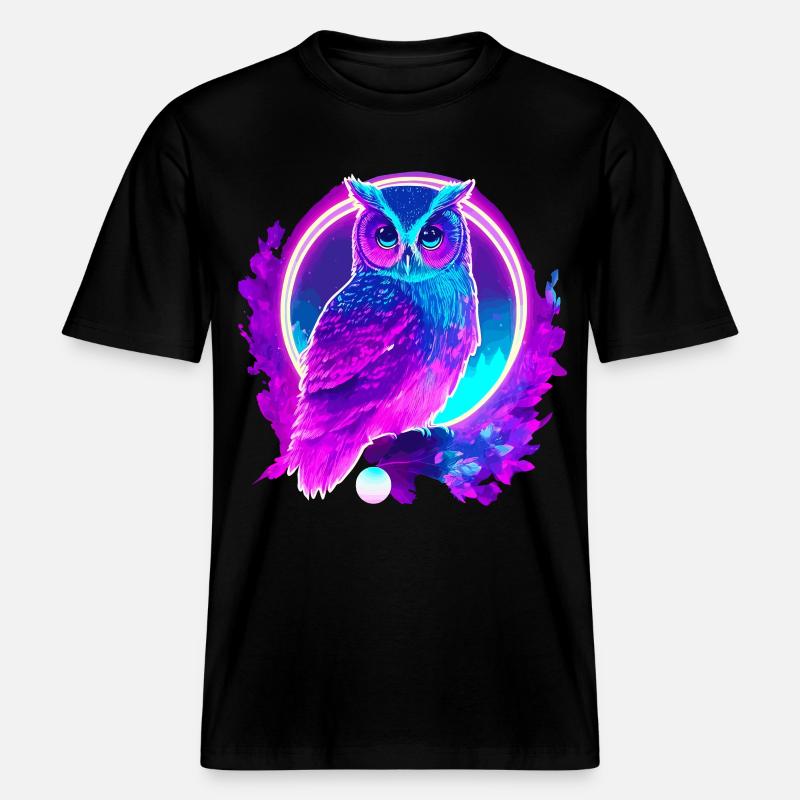 Owl Neon Moon Synthwave -  T-shirt unisexe RELAXED FIT en coton bio - noir