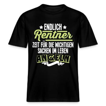Rentner Angeln -  RELAXED FIT Unisex Organic T-Shirt - Schwarz - Vorne - Alina (178cm) & Michal (187cm)