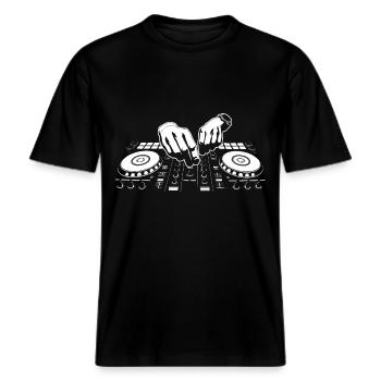 DJ -  RELAXED FIT Unisex Organic T-Shirt - Schwarz - Vorne - Alina (178cm) & Michal (187cm)