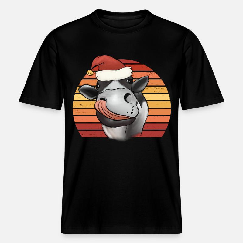 Weihnachtskuh Kuh mit Weihnachtsmütze Retro -  RELAXED FIT Unisex Organic T-Shirt - Schwarz