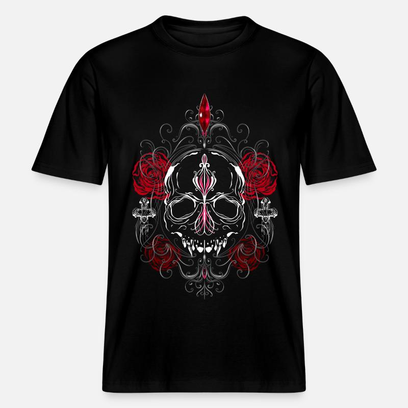 Skull with Red Roses Gothic Ästhetik -  RELAXED FIT Unisex Organic T-Shirt - Schwarz