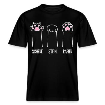 Katze Pfote Katzenpfoten Spiel Schere Stein Papier -  RELAXED FIT Unisex Organic T-Shirt - Schwarz - Vorne - Alina (178cm) & Michal (187cm)