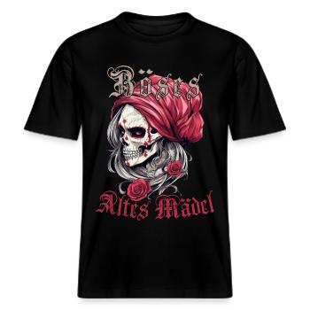 Böses Altes Mädel Rosen Totenkopf Schädel Skelett -  RELAXED FIT Unisex Organic T-Shirt - Schwarz - Vorne - Alina (178cm) & Michal (187cm)
