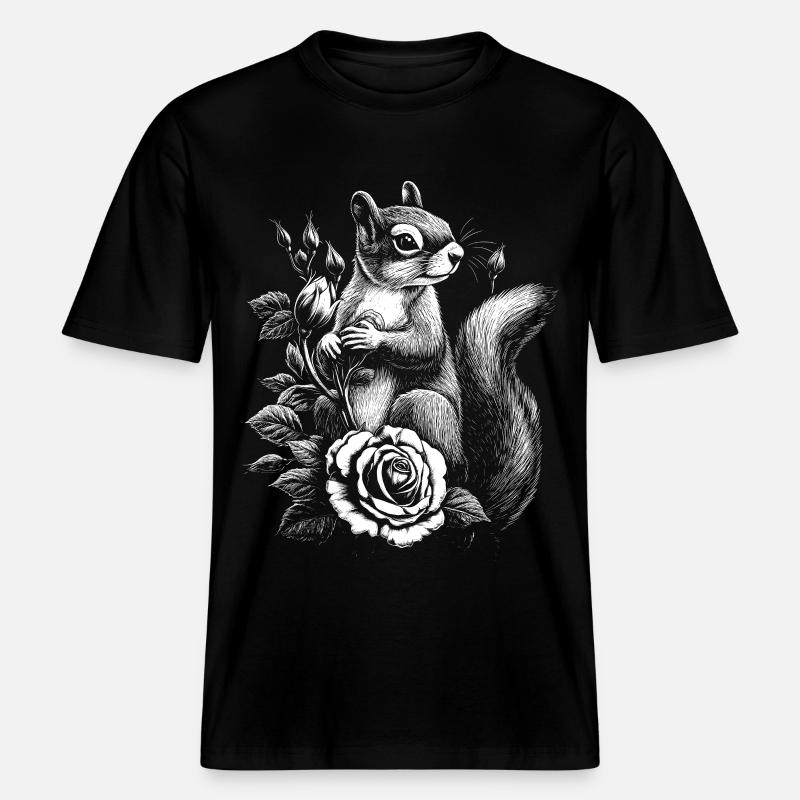 Eichhörnchen Rose Blumen Ästhetik Hörnchen - RELAXED FIT Unisex Organic T-Shirt - Schwarz