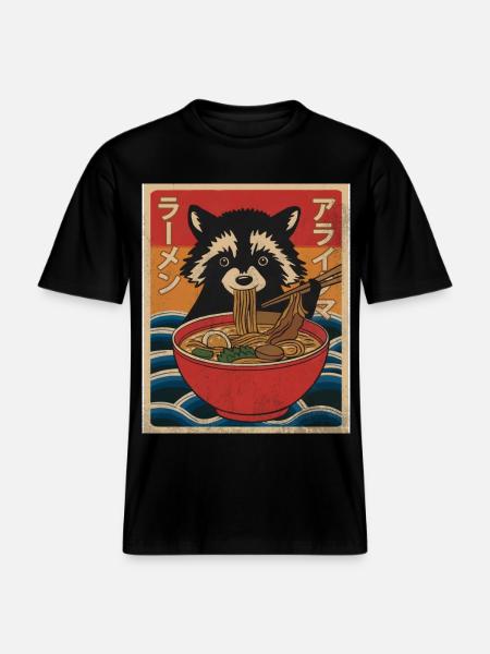 Kawaii Raccoon Ramen Funny Japanese Anime -  RELAXED FIT Unisex Organic T-Shirt - black
