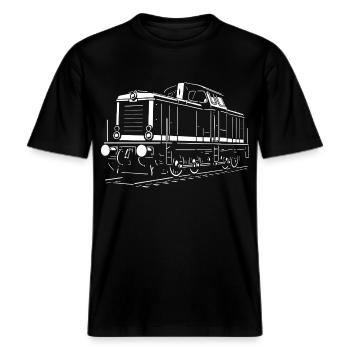 V 100 Diesellok – Reichsbahn Klassiker -  RELAXED FIT Unisex Organic T-Shirt - Schwarz - Vorne - Alina (178cm) & Michal (187cm)