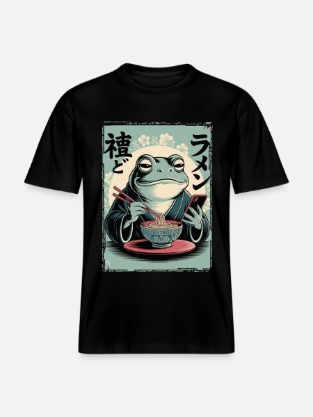 Funny frog, grumpy, Japanese art, ramen - RELAXED FIT Unisex Organic T-Shirt - black