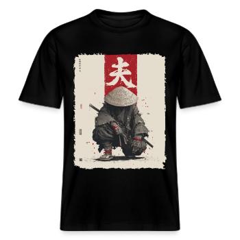 Samurai Schwert Japanischer Krieger, Kämpfer Ninja -  RELAXED FIT Unisex Organic T-Shirt - Schwarz - Vorne - Alina (178cm) & Michal (187cm)