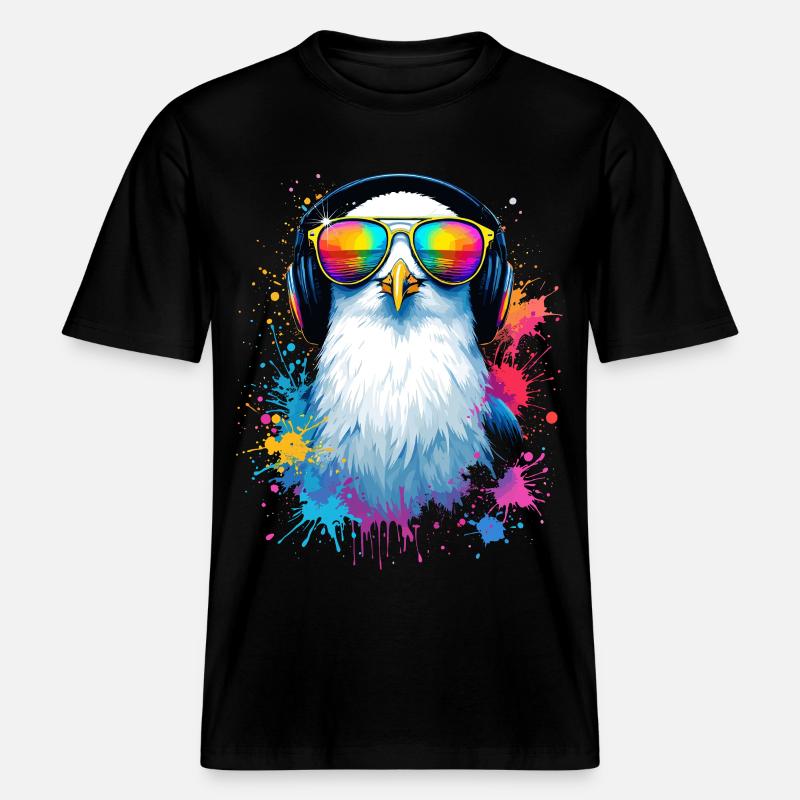 Bunte Möwe Vogel mit Kopfhörer Sonnenbrille -  RELAXED FIT Unisex Organic T-Shirt - Schwarz