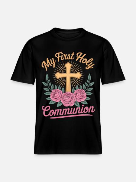 First Holy Communion Cross Roses -  RELAXED FIT Unisex Organic T-Shirt - black