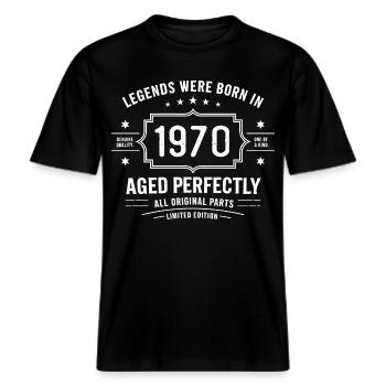 Original 1970 Vintage | Geburtstagsgeschenk 1970 -  RELAXED FIT Unisex Organic T-Shirt - Schwarz - Vorne - Alina (178cm) & Michal (187cm)