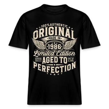 Original 1986 Jahrgang 40. Geburtstag Geschenk -  RELAXED FIT Unisex Organic T-Shirt - Schwarz - Vorne - Alina (178cm) & Michal (187cm)