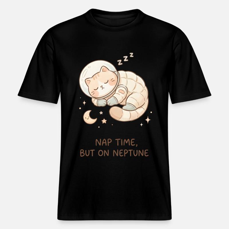 Nap Neptune | Chat de l’espace mignon -  T-shirt unisexe RELAXED FIT en coton bio - noir
