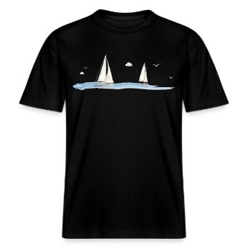 Segelboote Aquarell – Maritimes Motiv Meer -  RELAXED FIT Unisex Organic T-Shirt - Schwarz - Vorne - Alina (178cm) & Michal (187cm)