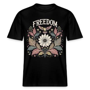 Freedom Blumen Vogel Festival Outfit -  RELAXED FIT Unisex Organic T-Shirt - Schwarz - Vorne - Alina (178cm) & Michal (187cm)