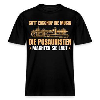 Posaune Musiker – Gott Musik Posaunisten -  RELAXED FIT Unisex Organic T-Shirt - Schwarz - Vorne - Alina (178cm) & Michal (187cm)