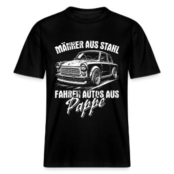 Trabi | Männer aus Stahl - Auto aus Pappe -  RELAXED FIT Unisex Organic T-Shirt - Schwarz - Vorne - Alina (178cm) & Michal (187cm)