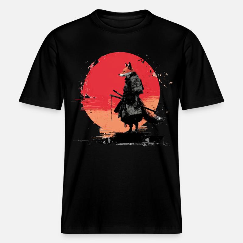Fox Samurai au coucher du soleil -  T-shirt unisexe RELAXED FIT en coton bio - noir