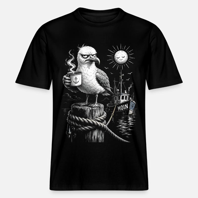 MOIN – Grumpy Seagull with Coffee - RELAXED FIT Unisex Organic T-Shirt - black