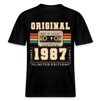 39. Geburtstag Geschenk  August Jahrgang 1987 -  RELAXED FIT Unisex Organic T-Shirt - Schwarz - Vorne - Alina (178cm) & Michal (187cm)