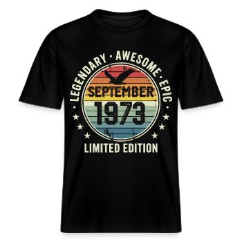 Legendäre Retro Limited Edition September 1973 -  RELAXED FIT Unisex Organic T-Shirt - Schwarz - Vorne - Alina (178cm) & Michal (187cm)
