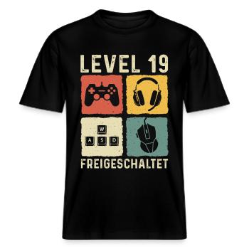 Level 19 freigeschaltet 19. Geburtstag 19 Jahre -  RELAXED FIT Unisex Organic T-Shirt - Schwarz - Vorne - Alina (178cm) & Michal (187cm)