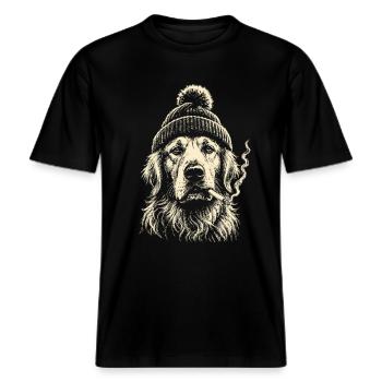 Vintage Smoking Golden Retriever Beanie Dog Meme  -  RELAXED FIT Unisex Organic T-Shirt - Schwarz - Vorne - Alina (178cm) & Michal (187cm)