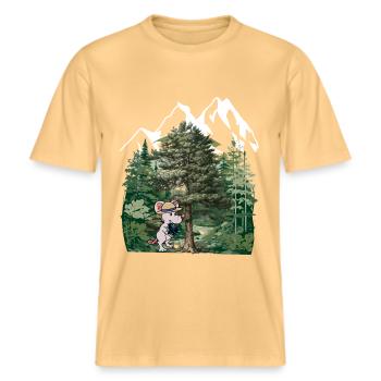 Tyrolean Forest, Mouse, Gentian, Alps, Alm, Nature, Forest -  RELAXED FIT Unisex Organic T-Shirt - washed yellow - Front - Alina (178cm) & Michal (187cm)