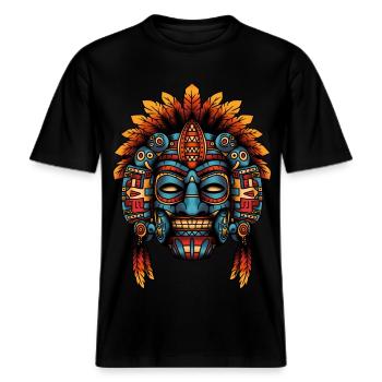 Aztec Death Mask Design -  RELAXED FIT Unisex Organic T-Shirt - black - Front - Alina (178cm) & Michal (187cm)